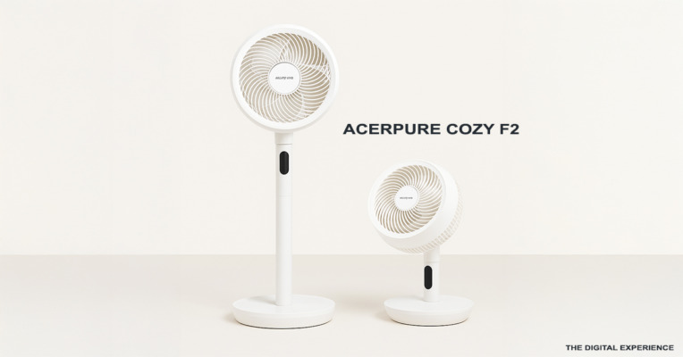 Acerpure Cozy F2 air circulator in standing and desktop mode on a minimalist background