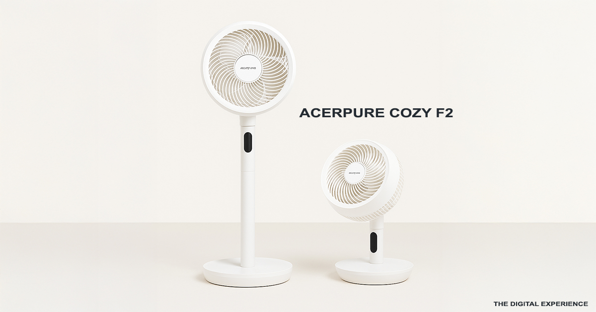 Acerpure Cozy F2 air circulator in standing and desktop mode on a minimalist background