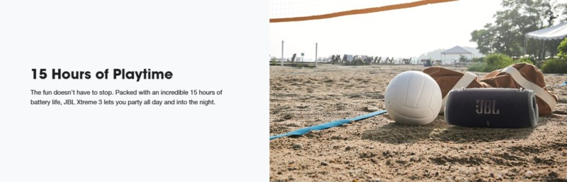 Enjoy up to 15 hours of Playtime with JBL Xtreme 3